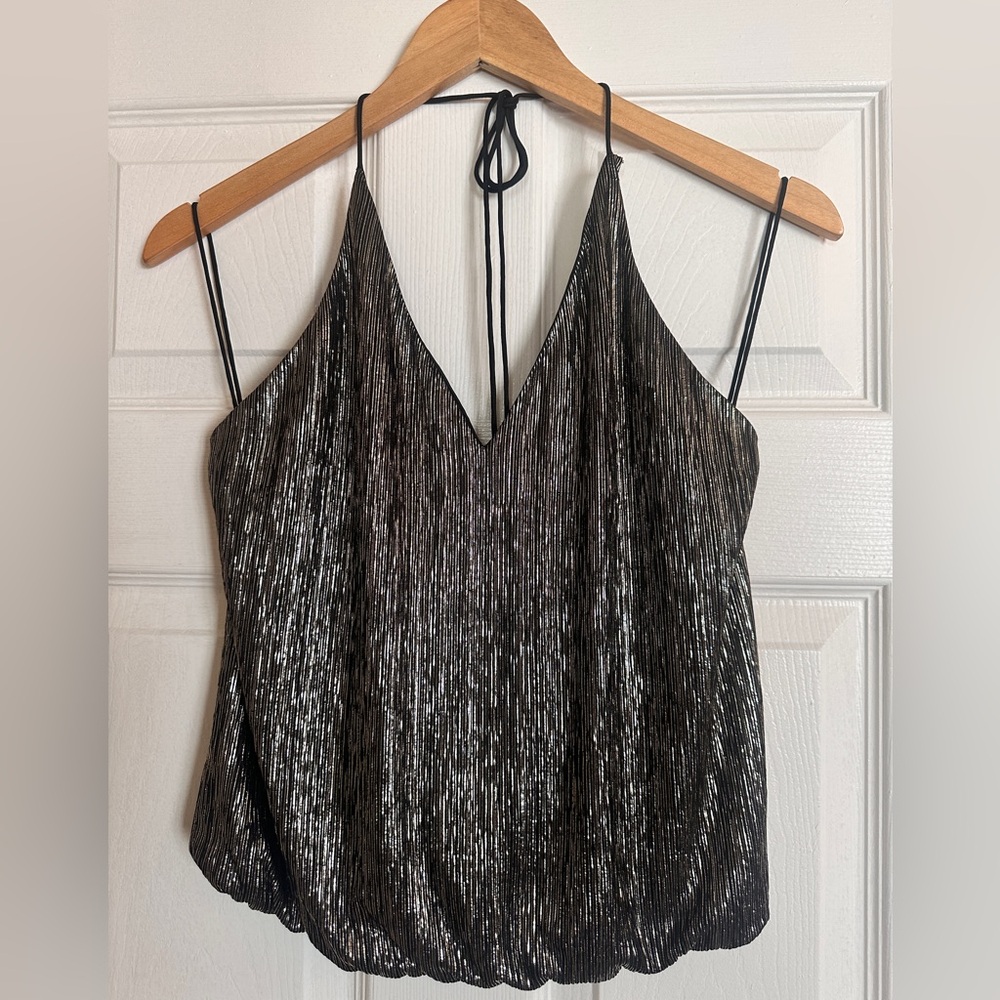 Alice + Olivia Black and Silver Shimmery Halter Top with Low Back